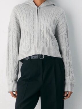 Aritzia Cable Knit Zip Hoodie Sweater - Light Gray